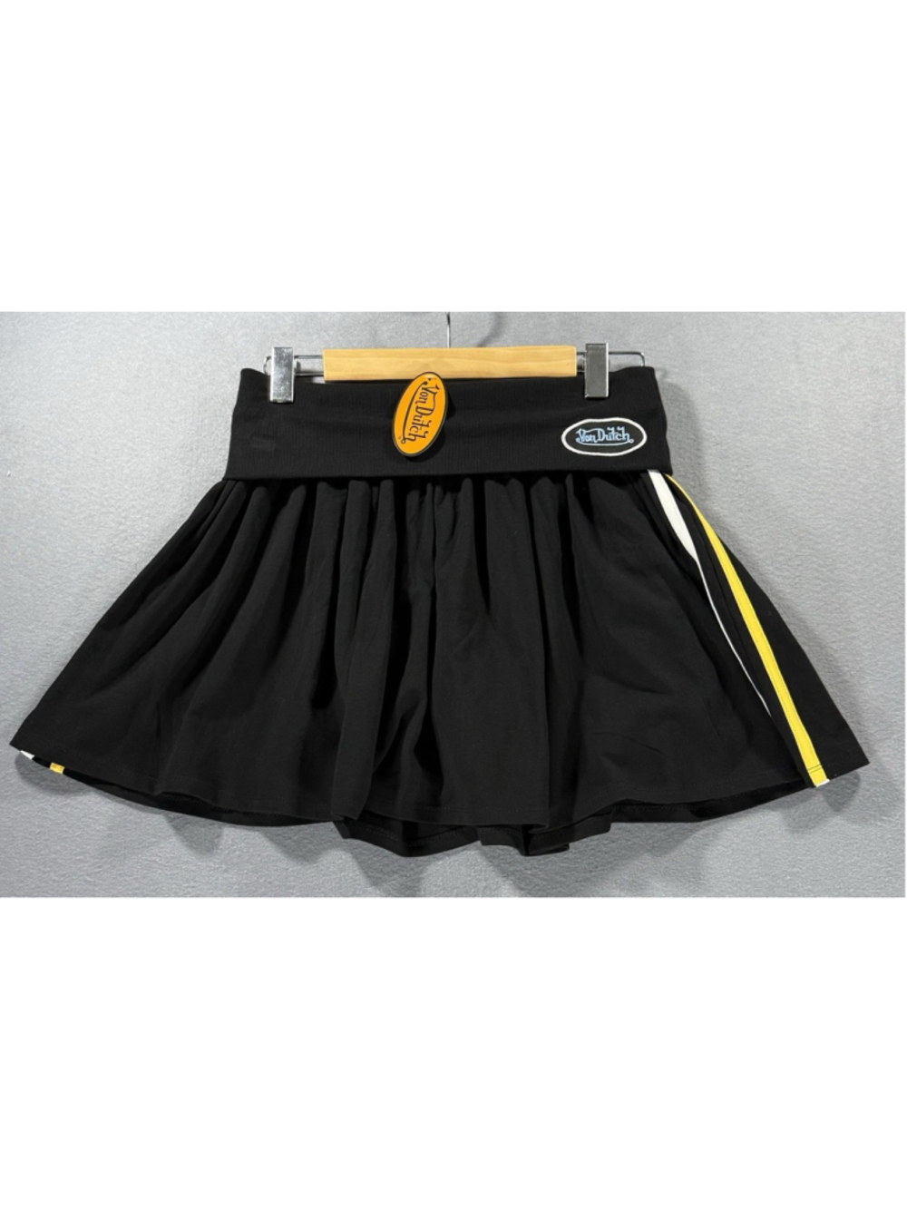 Von Dutch Black Pleated Athletic Mini Skirt Size M Yellow Stripe Foldover NWT